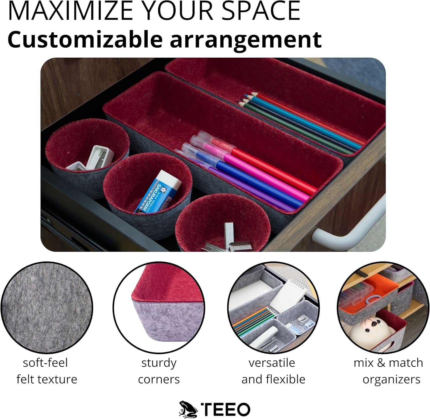 - Drawer Organizers - Office Supply Organizer - Desktop Drawers - Organizing Containers - Jewelry Tray Makeup Storage Home Dividers Compartment Desk Caddy Cosmetic Bins - Pack of 9, Burgundy