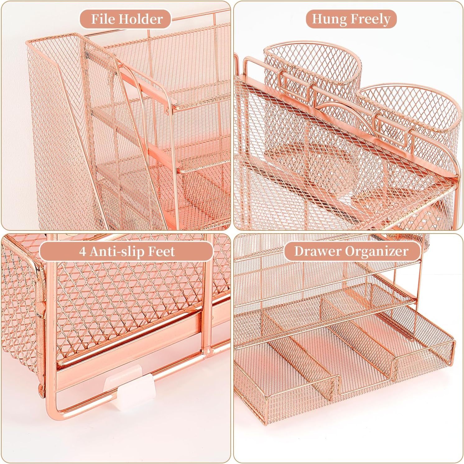 Paper Letter Tray Organizer with File Holder, 4-Tier Desk Accessories & Workspace Desk Organizers with Drawer and 2 Pen Holder for Office Supplies (Rose Gold)