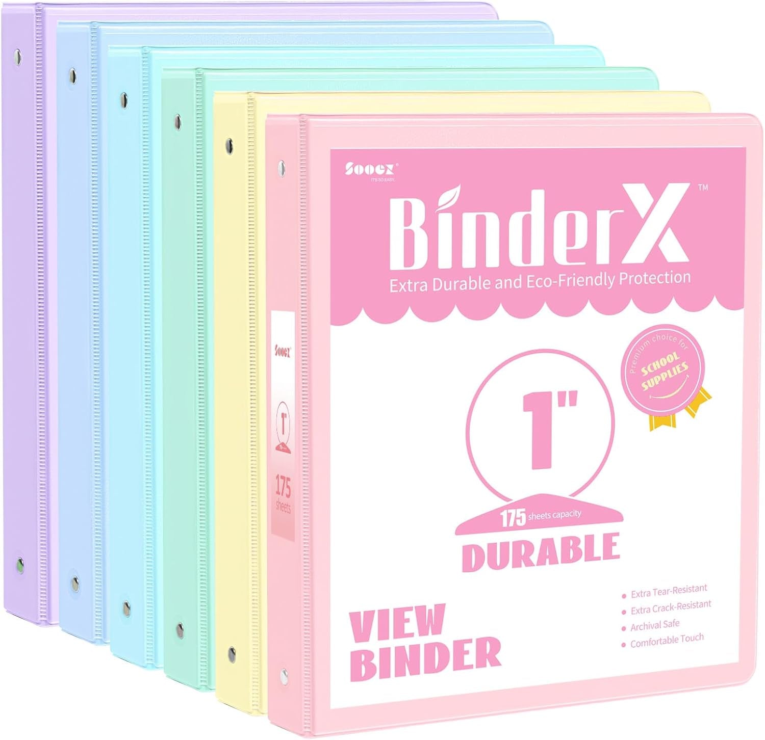 6 Pack Extra Durable 3 Ring Binders 1 Inch,  1” Three round Ring Binders with Pockets, Cute Customizable Clear View Cover for 8.5 X 11'' Letter Size Papers, Pastel School Office Supplies for Girl