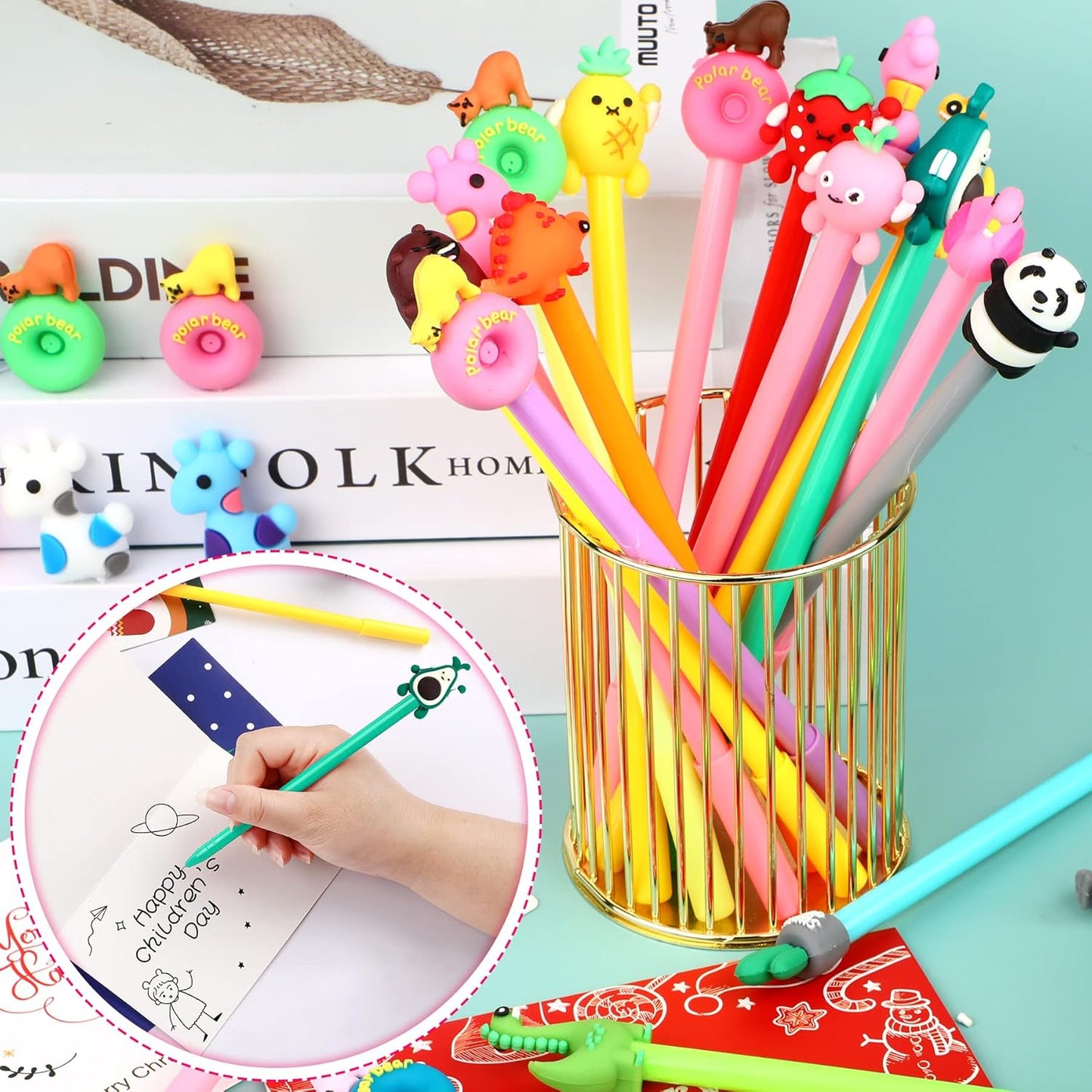 50 Pieces Cartoon Cute Pens Gel Black Ink Pens Bulk Assorted Novelty Kawaii Writing Pen for Kids Students Gift School Office Home Supplies Present