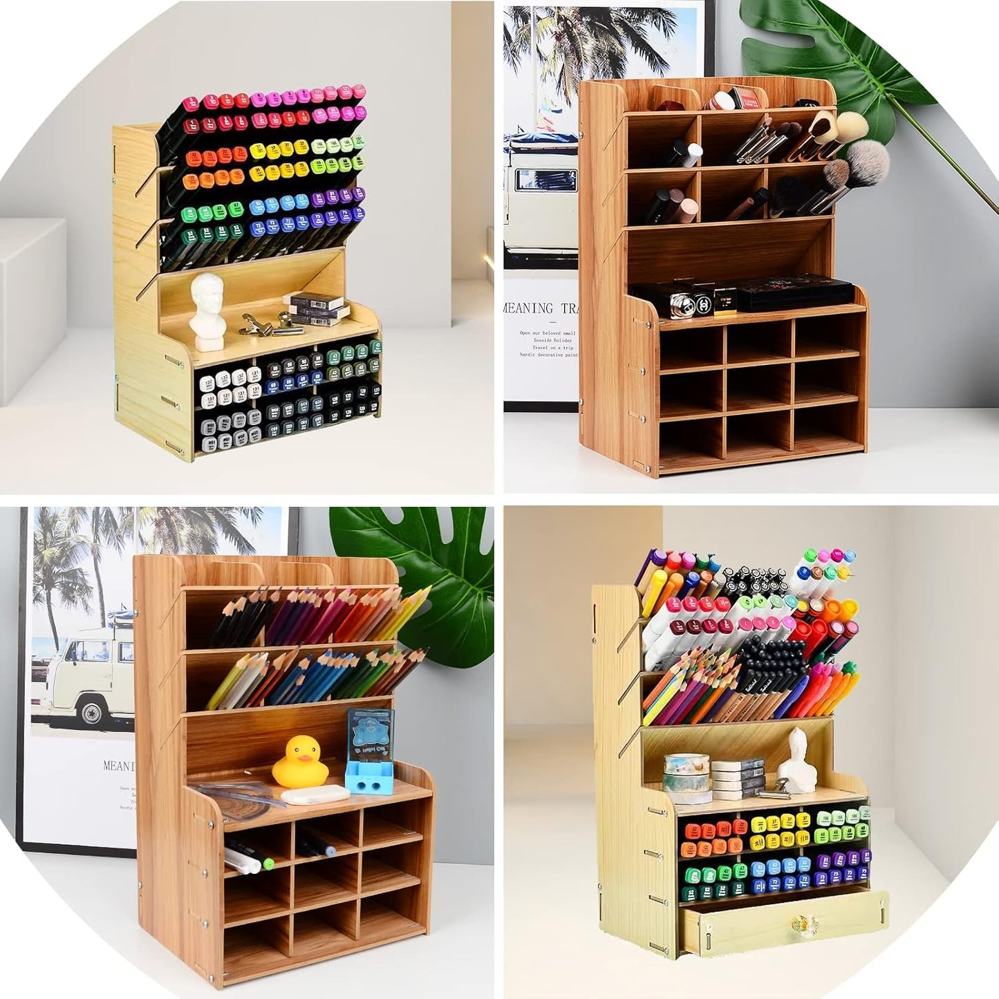 Wooden Pencil Holder, Pen Organizer for Desk with 18 Compartments, Multi-Functional DIY Pencil Organizer, Desktop Stationary Art Supplies Storage, Easy Assembly(Black)