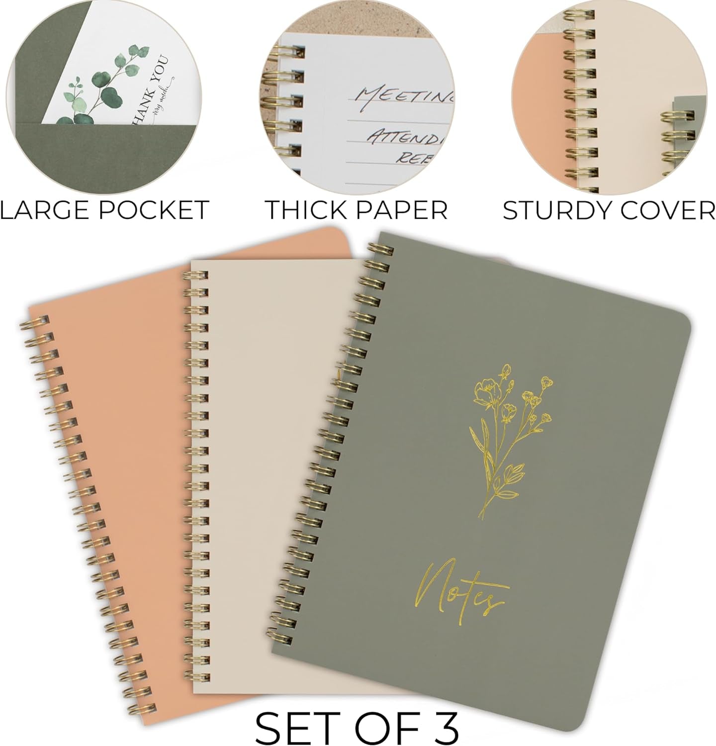 Aesthetic Spiral Notebook Set of 3 for Women - Cute College Ruled 8X6 Journal/Notebook with Large Pockets and Lined Pages - Perfect Supplies to Stay Organized at Work or School