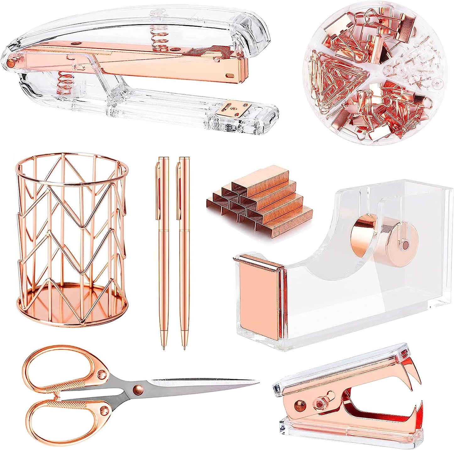 Rose Gold Desk Accessories，Office Supplies Set Acrylic Stapler Set Staple Remover, Tape Holder, 2 Ballpoint Pen, Scissor, Binder/Paper Clips and 1000Pcs Staples.