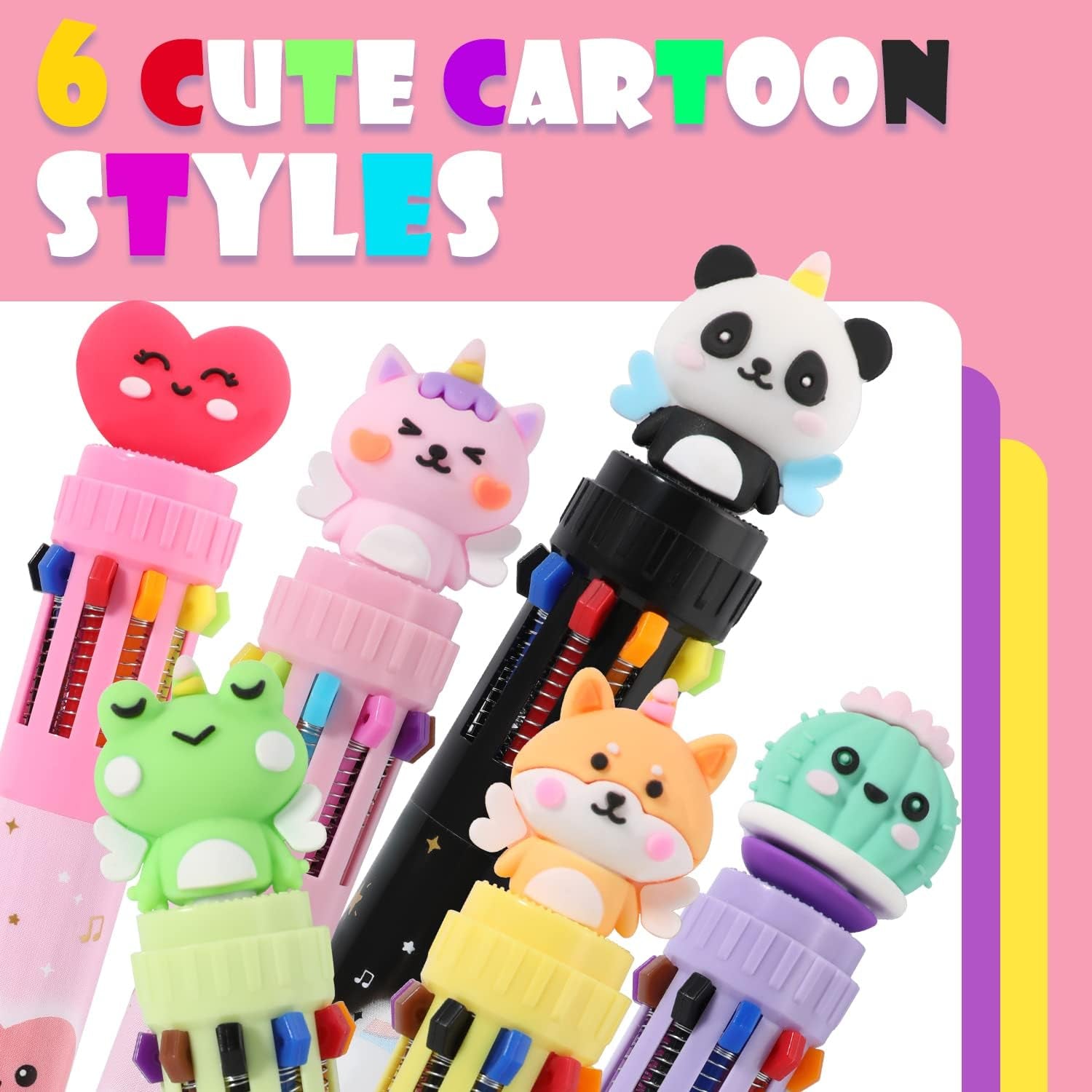 Multicolor Ballpoint Pen 0.7 Mm, 10-In-1 Colored Pens Fine Point Retractable Cute Cartoon Animal Ballpoint Pens for Office School Supplies Students Kids Gifts, 6 Pack