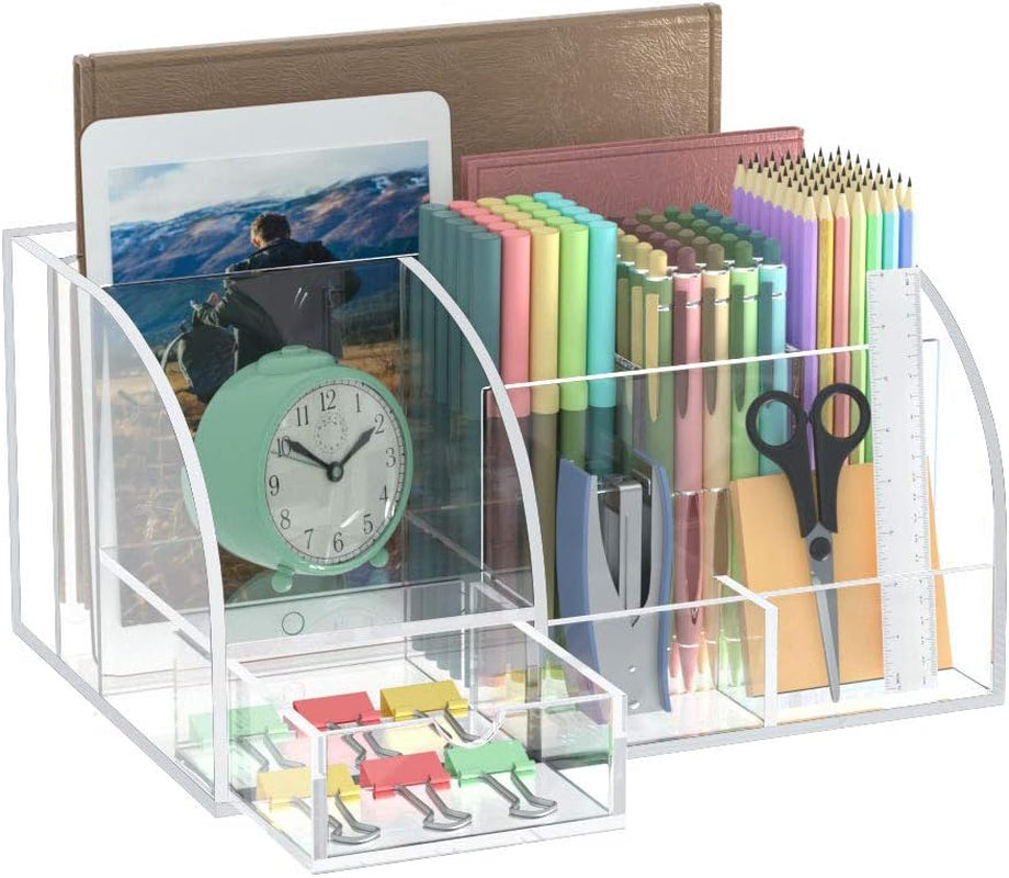 Acrylic Desk Organizer, Clear Desk Organizer and Storage for Office Supplies, 8 Compartments +1 Mini Sliding Drawer.