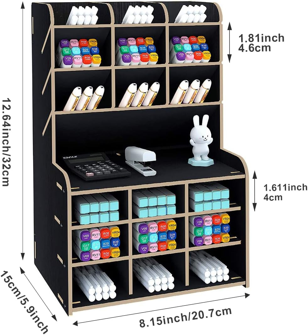 Wooden Pencil Holder, Pen Organizer for Desk with 18 Compartments, Multi-Functional DIY Pencil Organizer, Desktop Stationary Art Supplies Storage, Easy Assembly(Black)