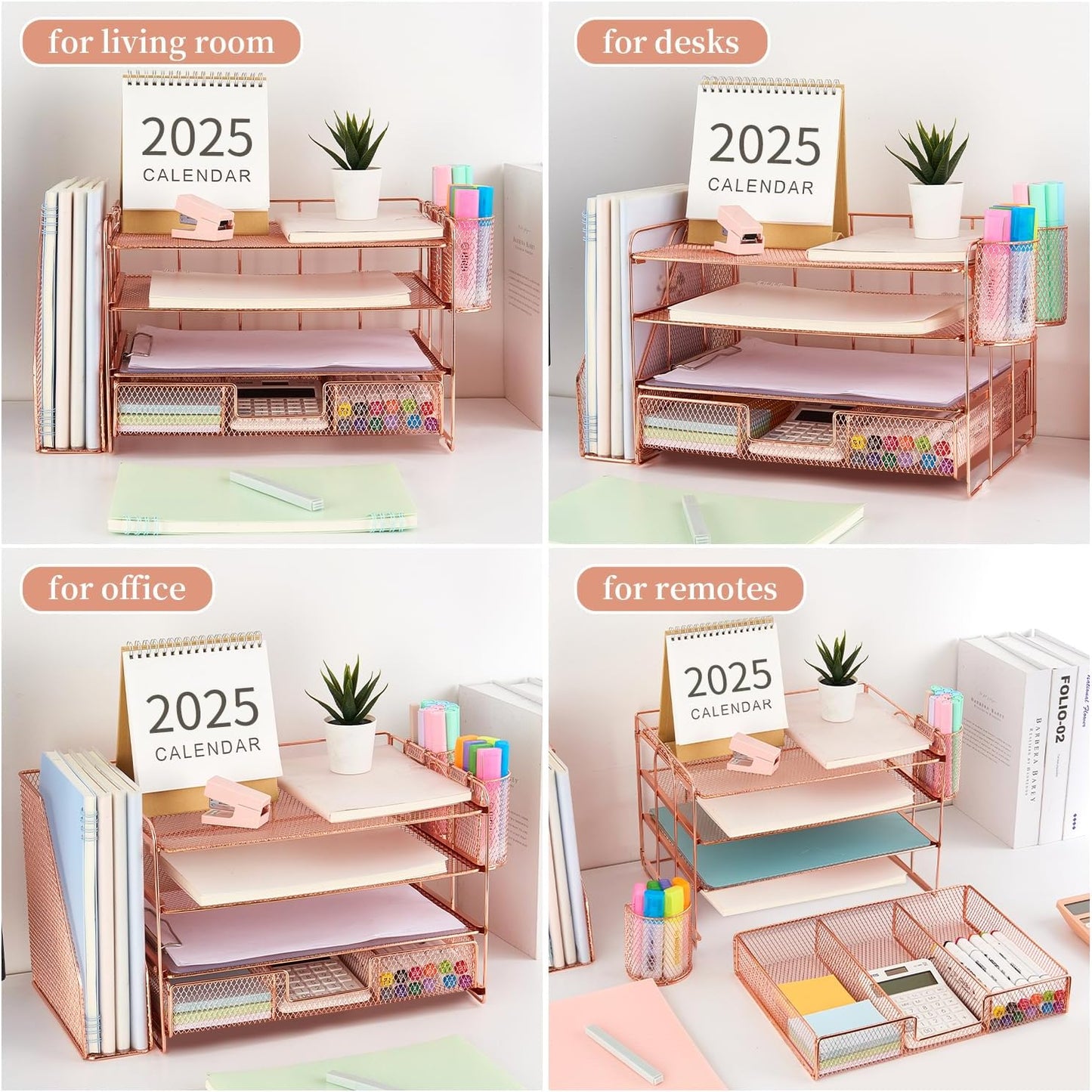 Paper Letter Tray Organizer with File Holder, 4-Tier Desk Accessories & Workspace Desk Organizers with Drawer and 2 Pen Holder for Office Supplies (Rose Gold)