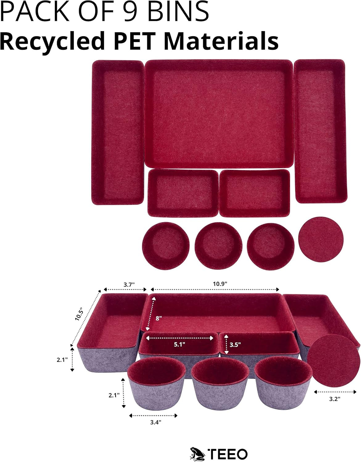 - Drawer Organizers - Office Supply Organizer - Desktop Drawers - Organizing Containers - Jewelry Tray Makeup Storage Home Dividers Compartment Desk Caddy Cosmetic Bins - Pack of 9, Burgundy