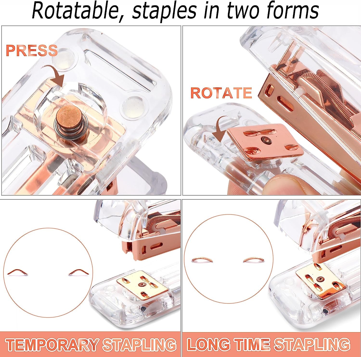 Rose Gold Desk Accessories，Office Supplies Set Acrylic Stapler Set Staple Remover, Tape Holder, 2 Ballpoint Pen, Scissor, Binder/Paper Clips and 1000Pcs Staples.