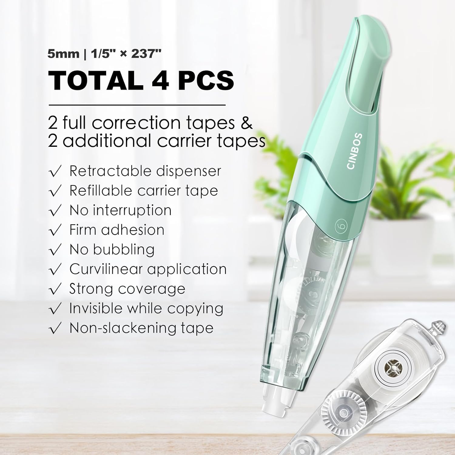 Refillable Retractable White Correction Tape, White Smooth Pull Out Correction Tape with 2 Extra Refills, Cute Correction Tape for Office Supplies, 4 PCS (CS-25)