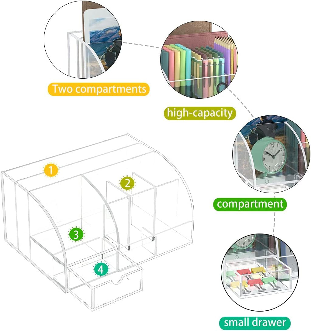 Acrylic Desk Organizer, Clear Desk Organizer and Storage for Office Supplies, 8 Compartments +1 Mini Sliding Drawer.