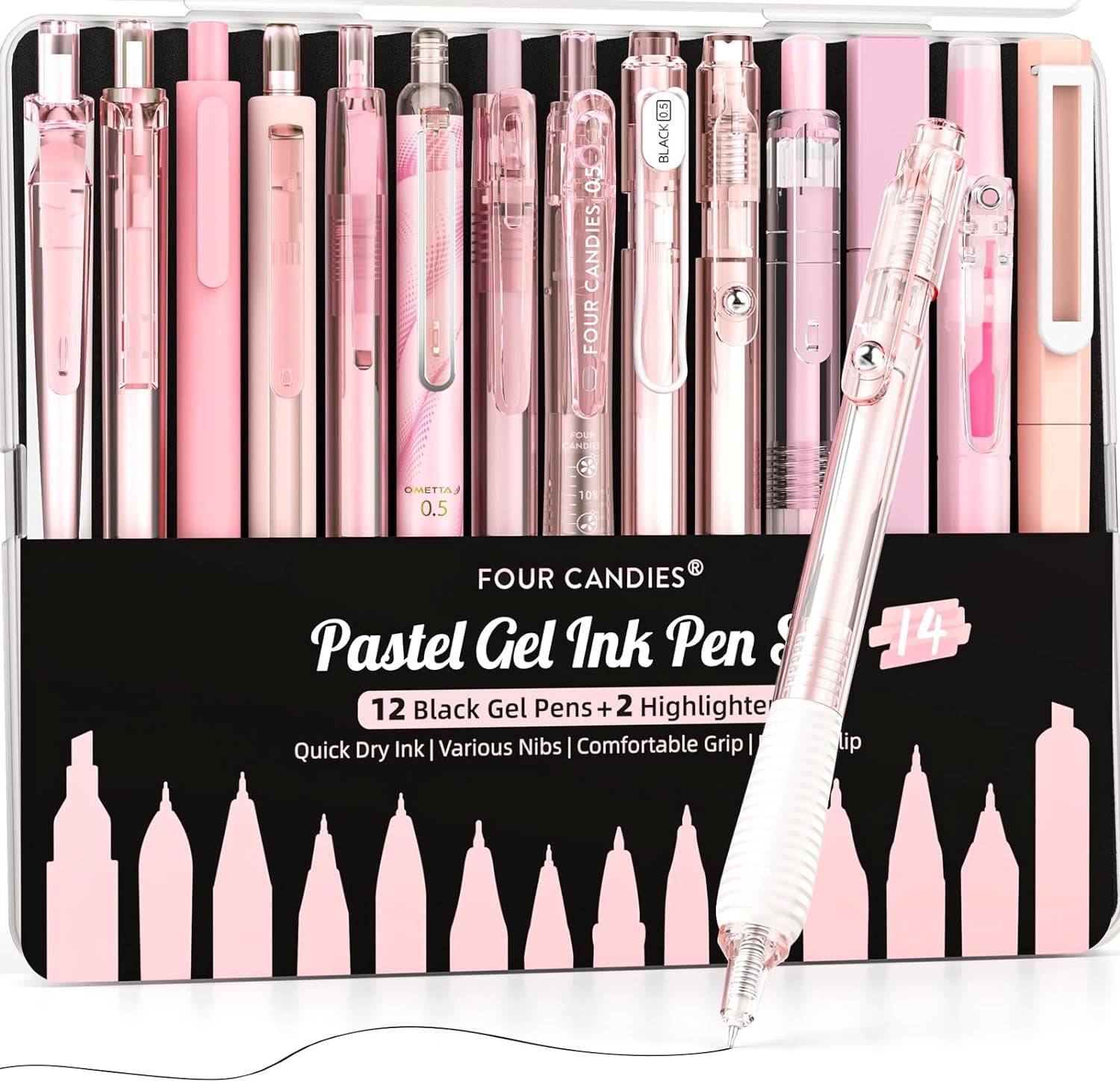 14Pack Pastel Gel Ink Pen Set,Cute Retractable 0.5Mm Fine Point Pen,Note Taking Aesthetic Pens,12 Pack Black Ink Pens with 2Pack Highlighter, Smooth Writing Pens for School, Office (Pink)