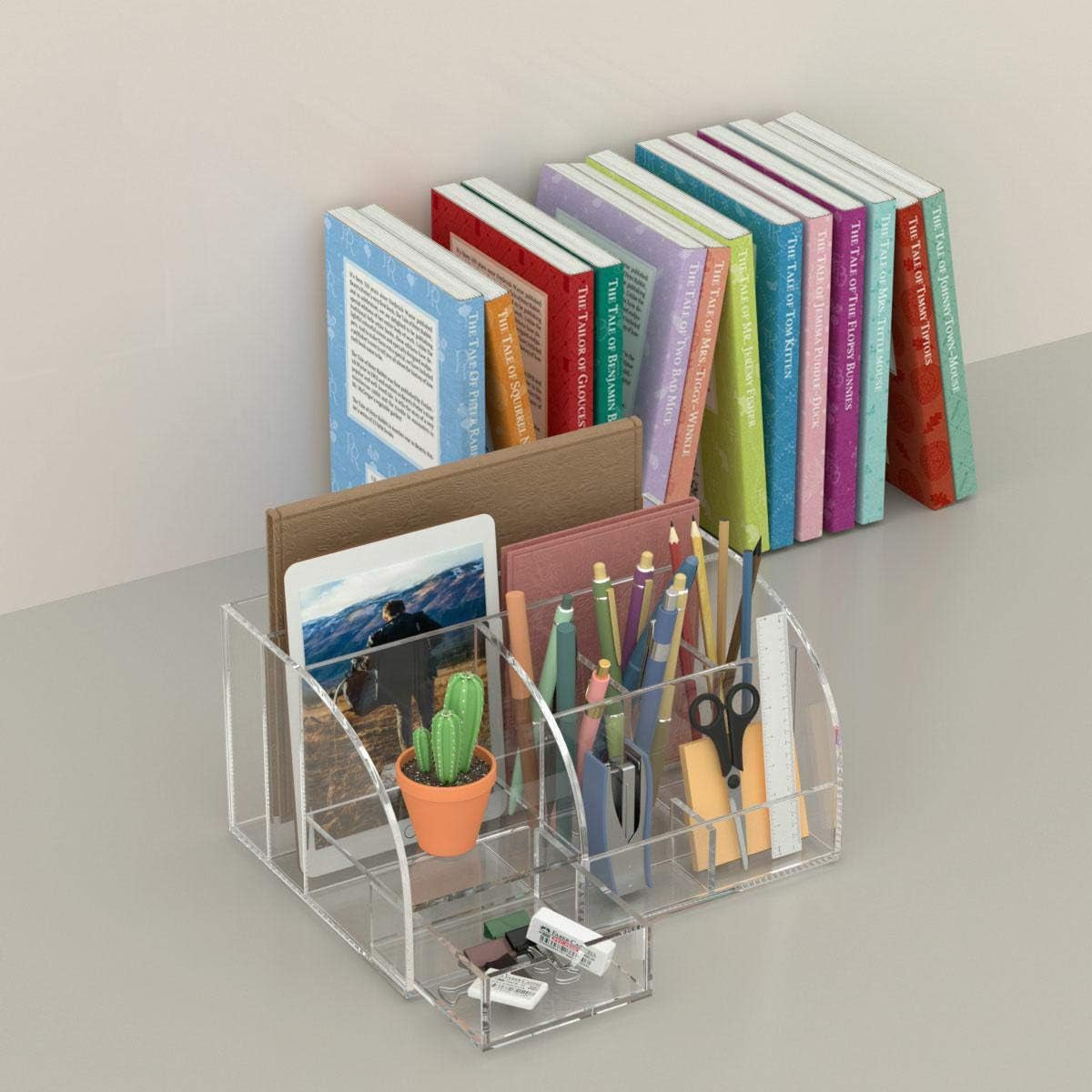 Acrylic Desk Organizer, Clear Desk Organizer and Storage for Office Supplies, 8 Compartments +1 Mini Sliding Drawer.