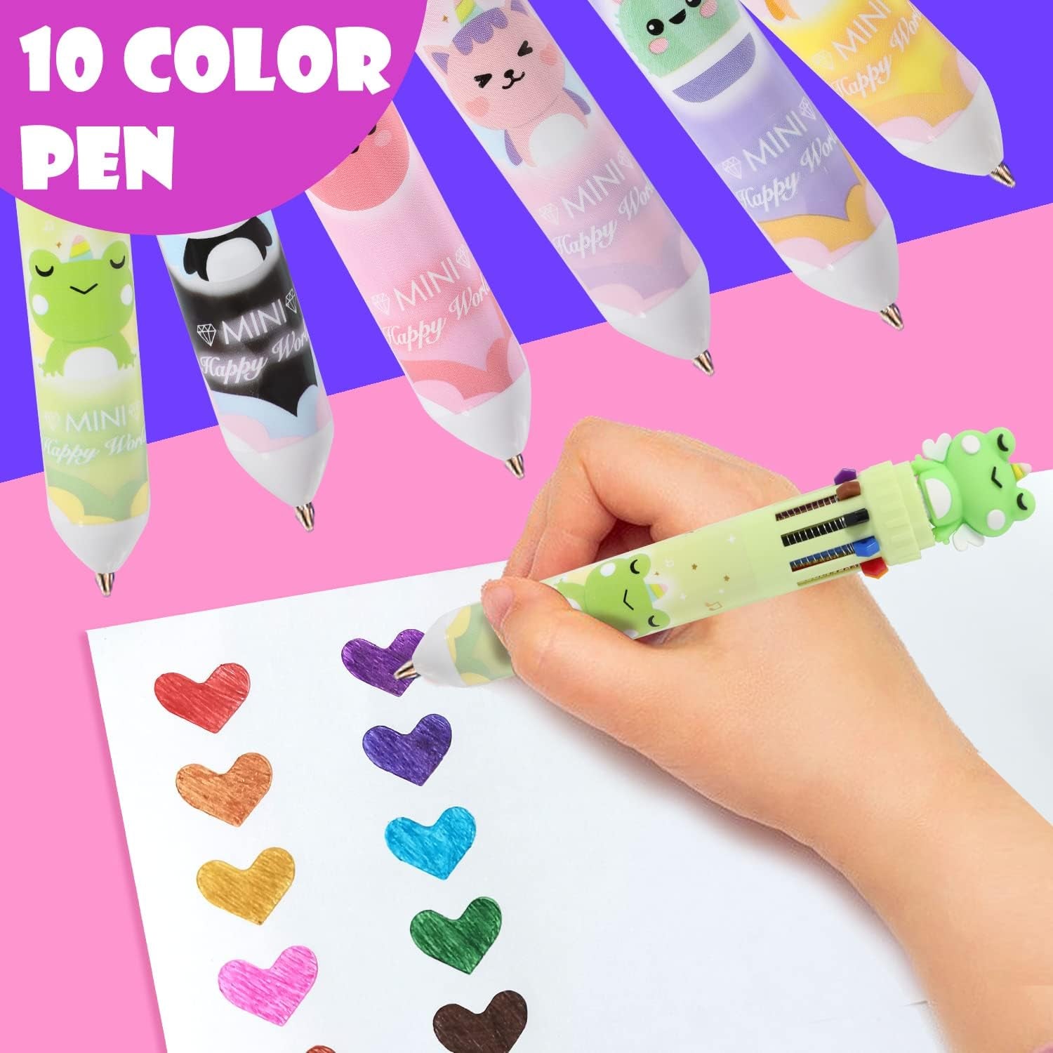 Multicolor Ballpoint Pen 0.7 Mm, 10-In-1 Colored Pens Fine Point Retractable Cute Cartoon Animal Ballpoint Pens for Office School Supplies Students Kids Gifts, 6 Pack