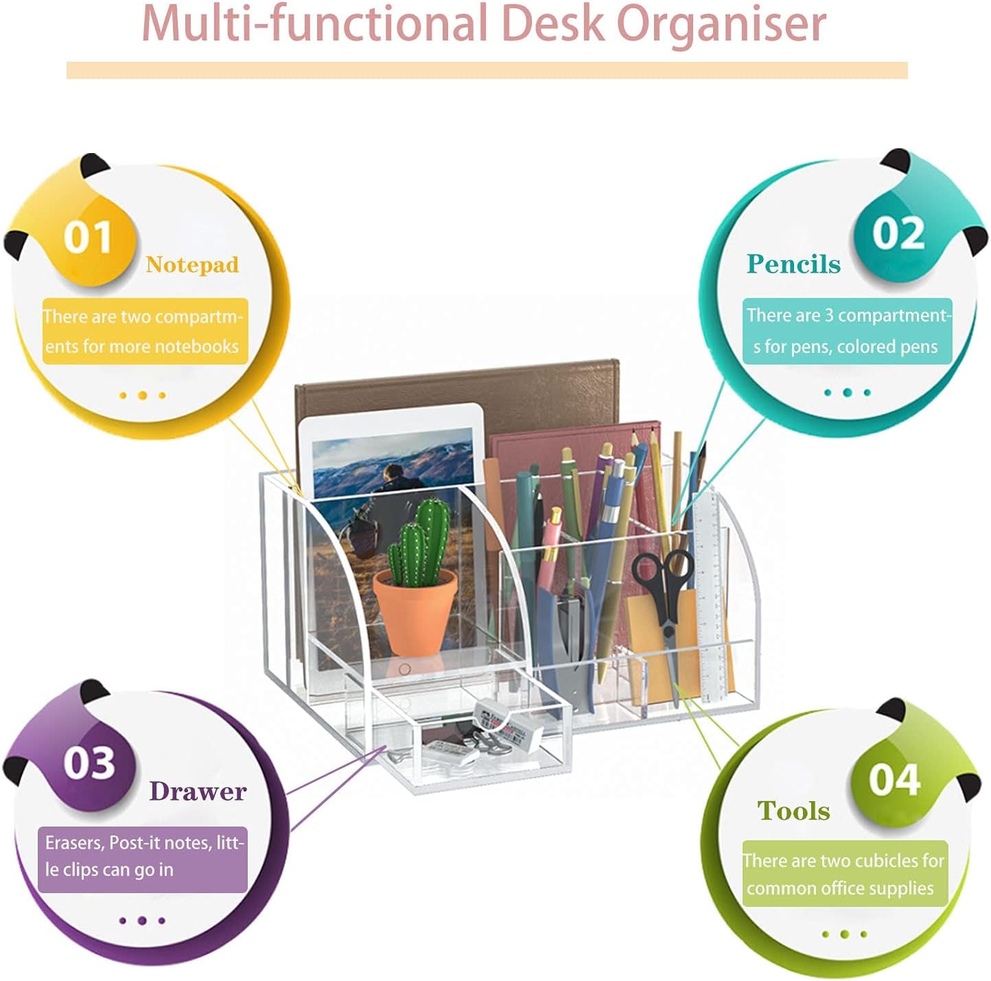 Acrylic Desk Organizer, Clear Desk Organizer and Storage for Office Supplies, 8 Compartments +1 Mini Sliding Drawer.