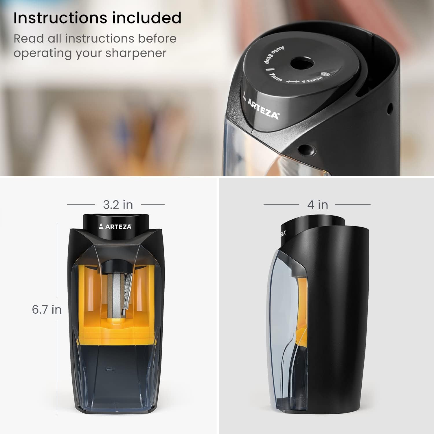 Electric Pencil Sharpener, Black, Fits 7–11-Mm Pencils, Auto-Stop, Office Supplies for Teachers, Students, Classrooms, and Art Studios