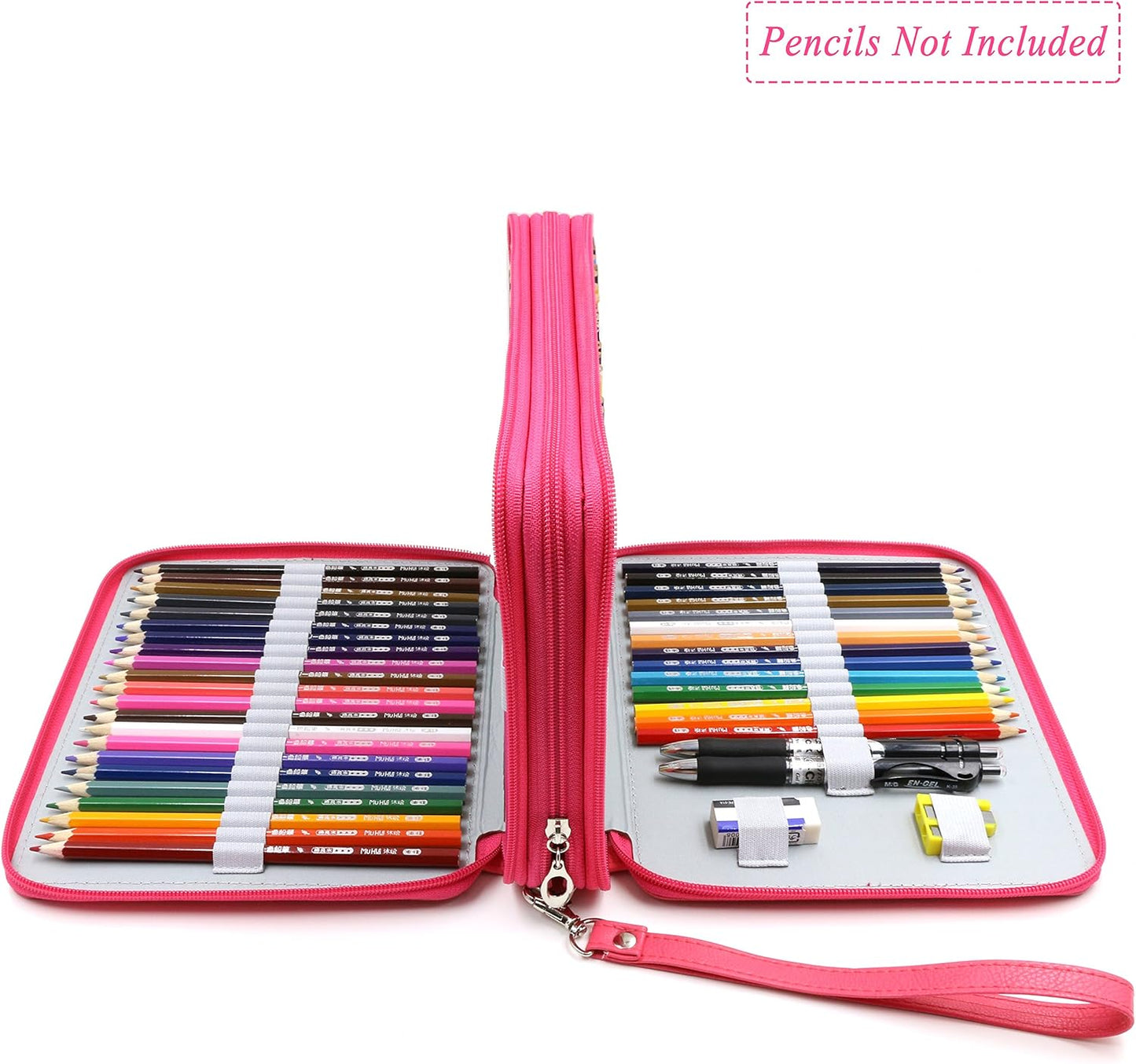 120 Slots Pencil Case - PU Leather Handy Large Multi-Layer Zipper Pen Bag with Handle Strap for Prismacolor Watercolor Pencils, Crayola Colored Pencils, Marco Pens and Cosmetic Brush (Pink)