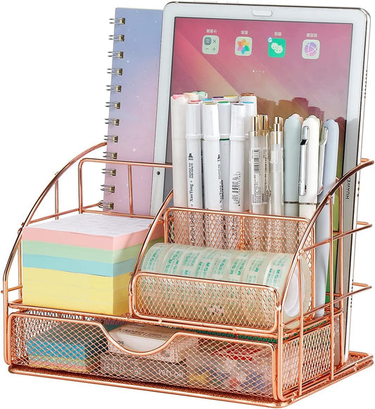 Rose Gold Desktop Storage Box with Drawers, Mesh Desk Organizer and Accessories, Used for Home, School, Cosmetics Desktop Organization and Decoration (Rose Gold)