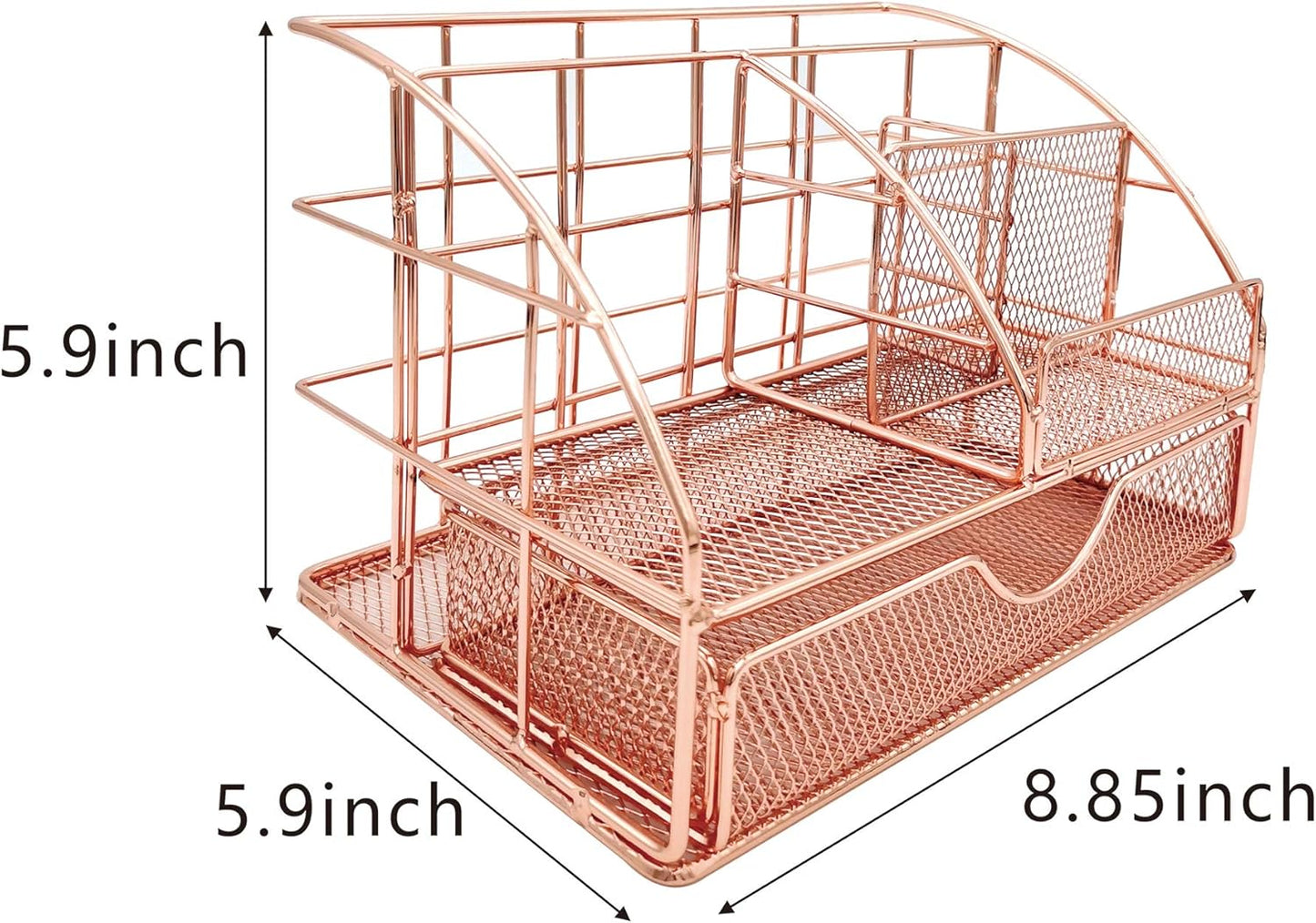 Rose Gold Desktop Storage Box with Drawers, Mesh Desk Organizer and Accessories, Used for Home, School, Cosmetics Desktop Organization and Decoration (Rose Gold)