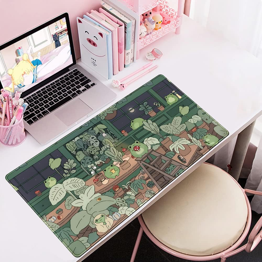 Cute Frog Kawaii Green Desk Decor Mat, Large Gaming Mouse Pad for Computer Keyboard Laptop, Home Office Accessories for Girl (31.5X15.7 In)-With Stitched Edges Pad