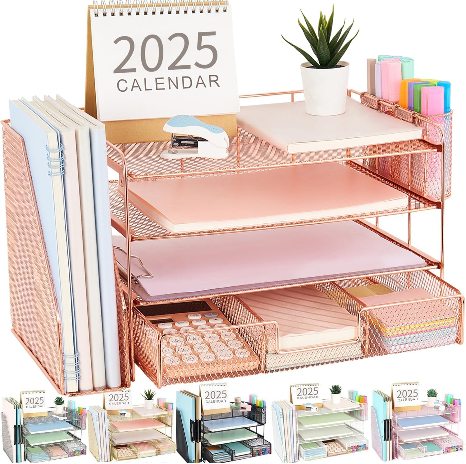 Paper Letter Tray Organizer with File Holder, 4-Tier Desk Accessories & Workspace Desk Organizers with Drawer and 2 Pen Holder for Office Supplies (Rose Gold)