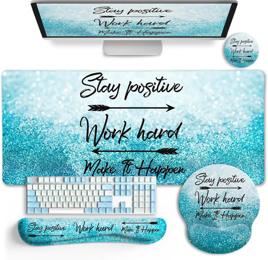 Desk Mat Desk Pad, XXL Large Gaming Mouse Pad with Wrist Rest Wrist Support, Ergonomic Mouse Pad, Keyboard Wrist Rest, Coaster, Home Office Desk Accessories Decor Supplies, Stay Positive