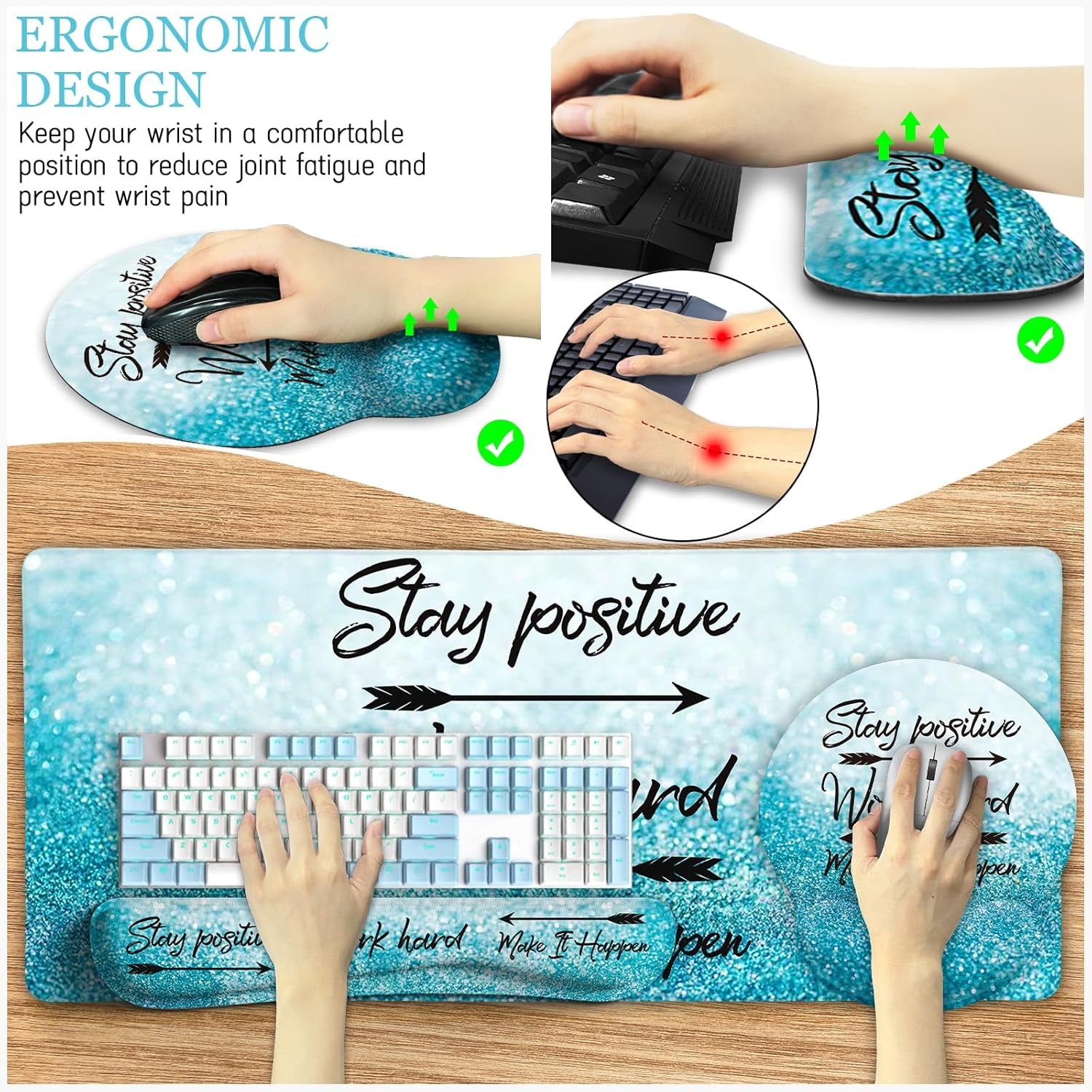 Desk Mat Desk Pad, XXL Large Gaming Mouse Pad with Wrist Rest Wrist Support, Ergonomic Mouse Pad, Keyboard Wrist Rest, Coaster, Home Office Desk Accessories Decor Supplies, Stay Positive