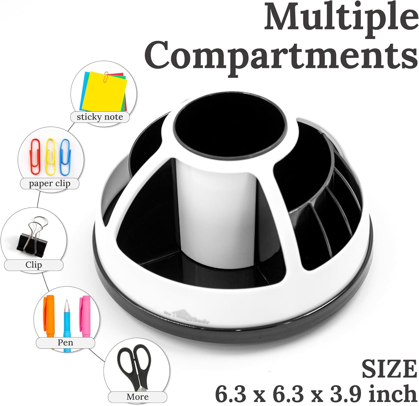 Pen Organizer for Desk, Office Supplies, Desktop Rotating, Compartments, Black Round