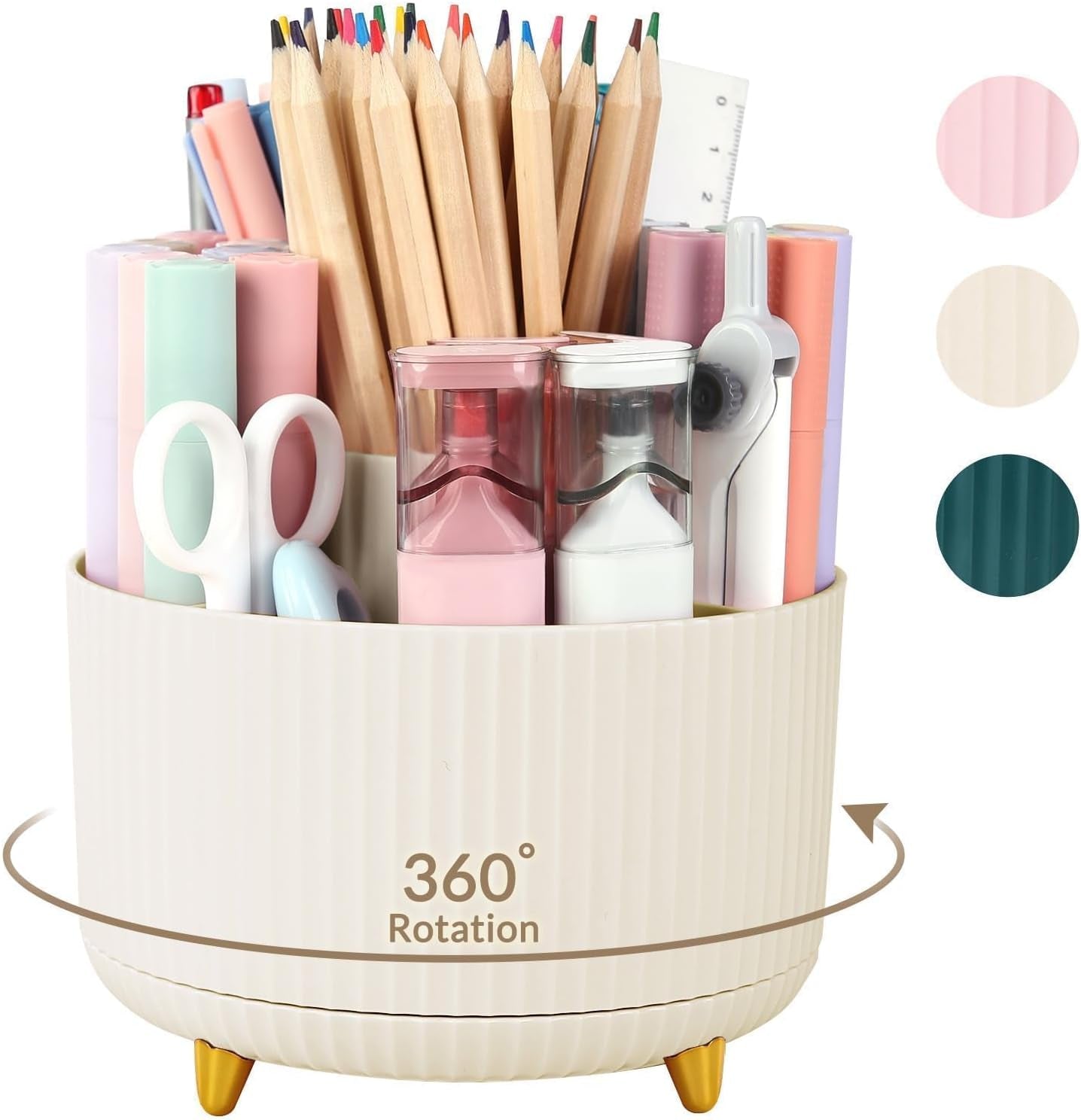 360 Degree Rotating Desk Organizer, Dual-Purpose Pencil Pen Holder for Desk, Rotating Desk Pen Organizer with 5 Slots, Pencil Cup for Office, School, Home Beige