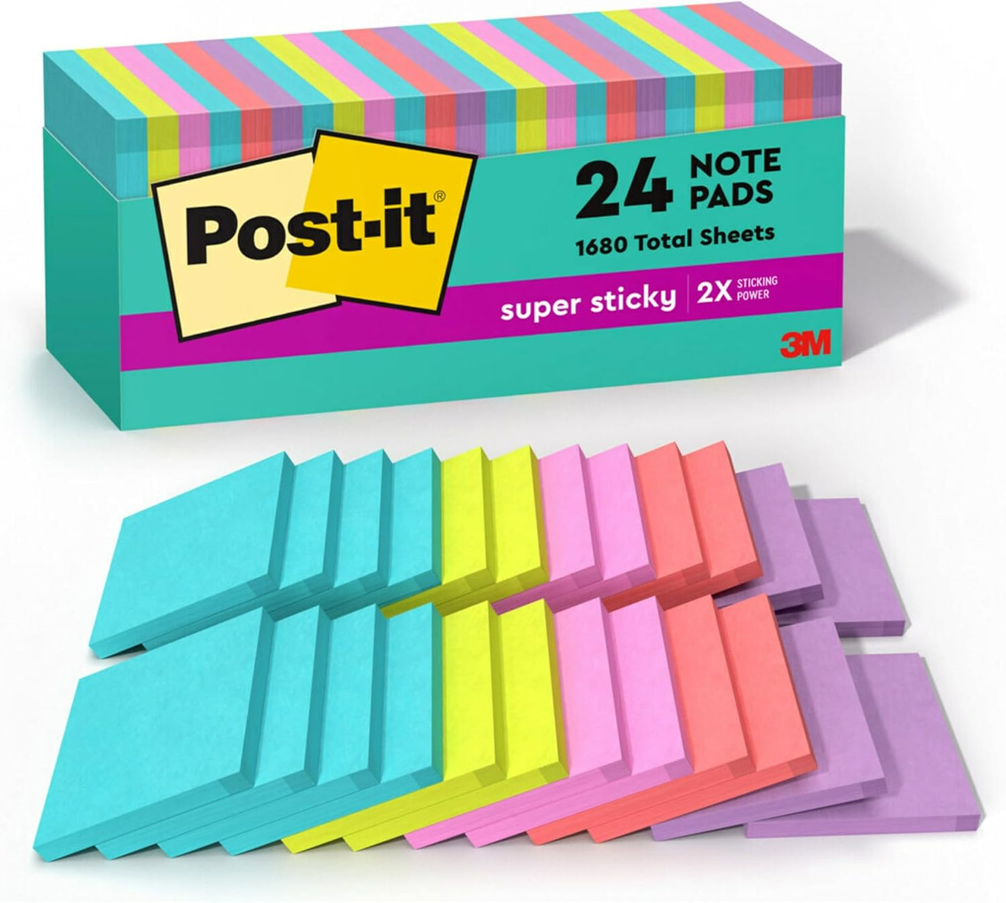 Super Sticky Notes, 24 Sticky Note Pads, 3 X 3 In., School Supplies, Office Products, Sticky Notes for Vertical Surfaces, Monitors, Walls and Windows, Supernova Neons Collection