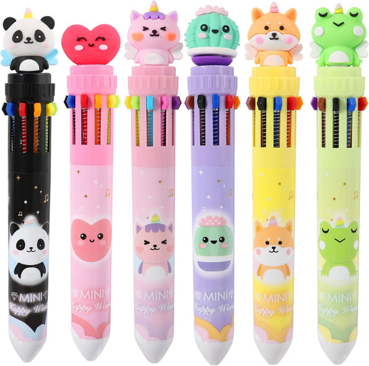 Multicolor Ballpoint Pen 0.7 Mm, 10-In-1 Colored Pens Fine Point Retractable Cute Cartoon Animal Ballpoint Pens for Office School Supplies Students Kids Gifts, 6 Pack