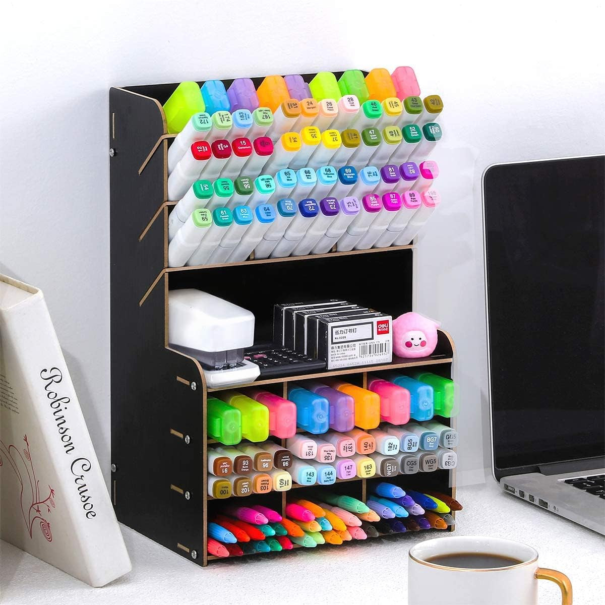 Wooden Pencil Holder, Pen Organizer for Desk with 18 Compartments, Multi-Functional DIY Pencil Organizer, Desktop Stationary Art Supplies Storage, Easy Assembly(Black)